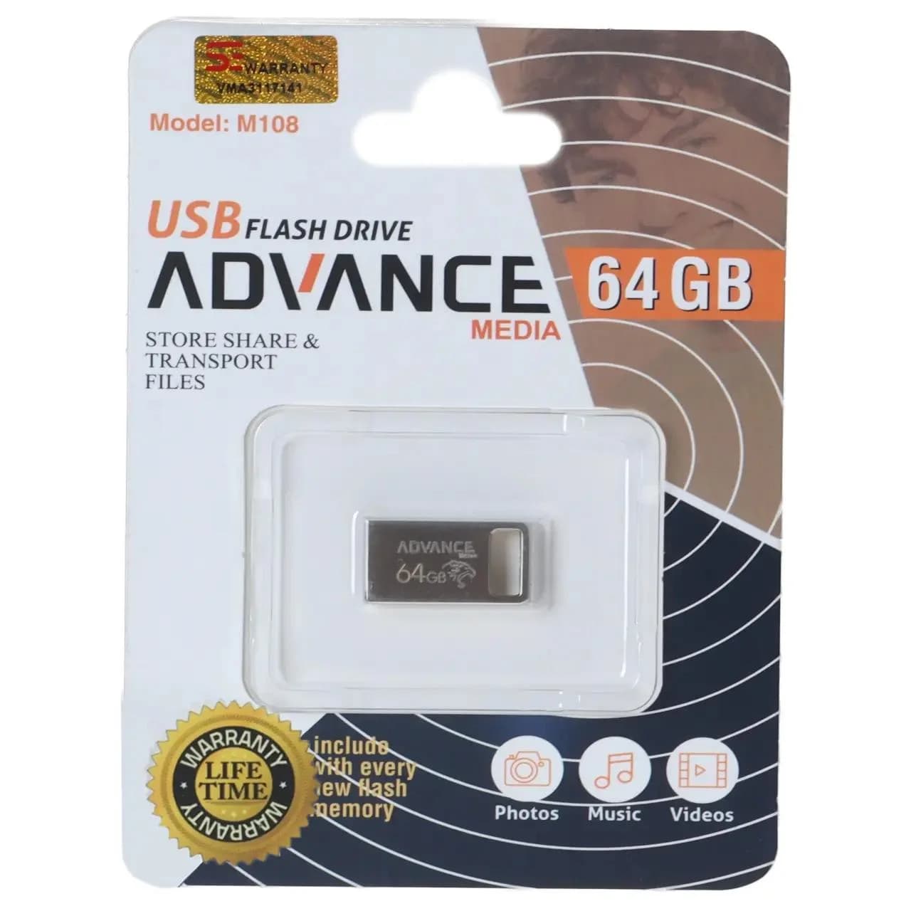 فلش مموری Advance Media مدل M108 USB2.0 ظرفیت 64GB – نقره ای