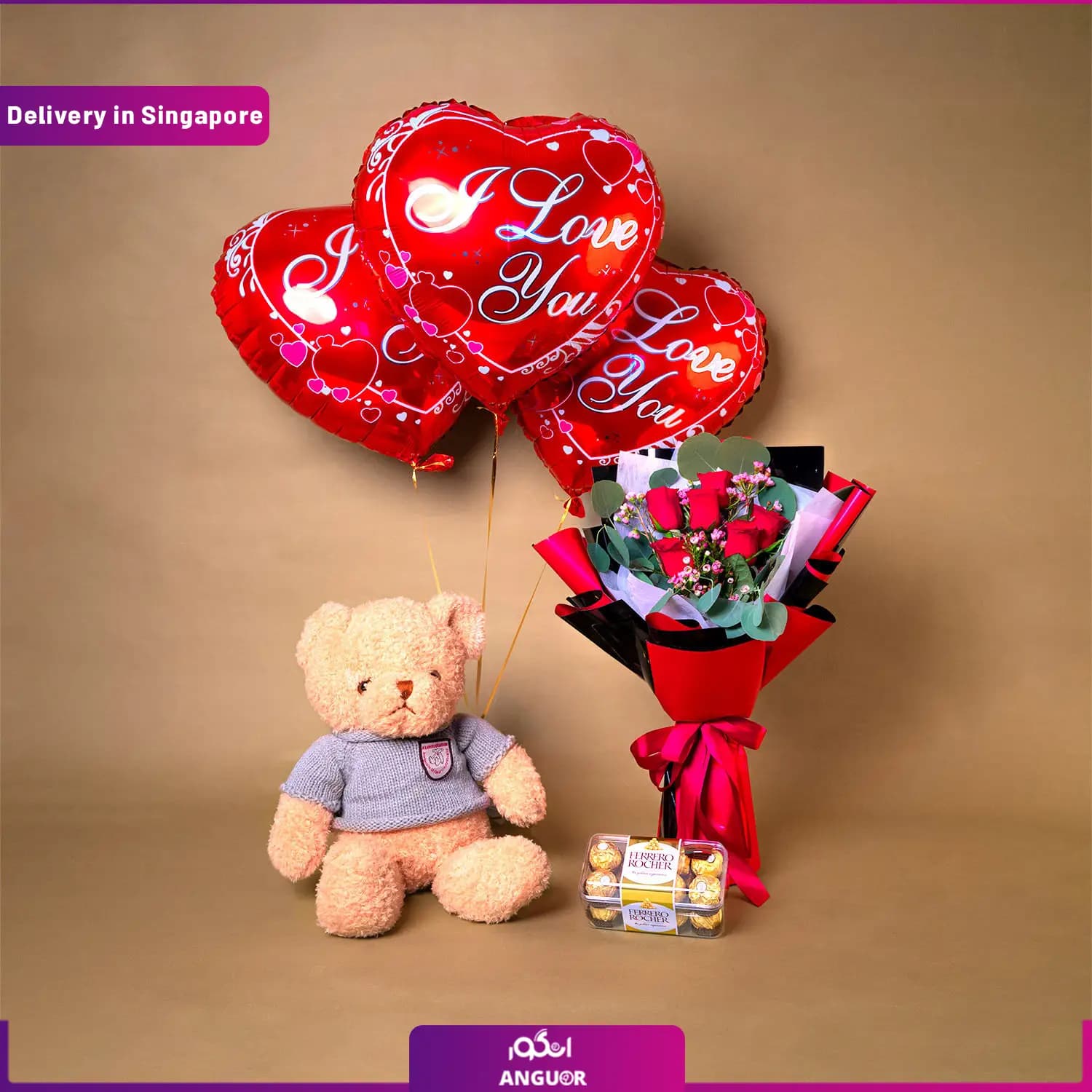 دسته گل رز سرخ + عروسک و شکلات (ارسال گل به سنگاپور)