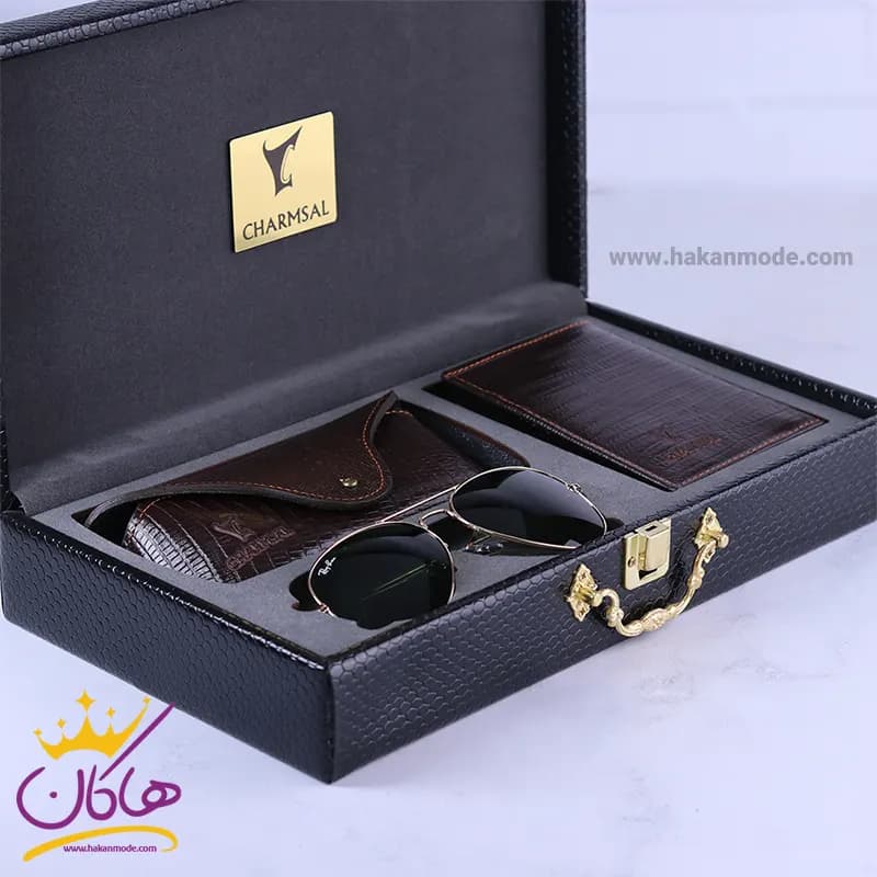 ست کیف چرم و عینک مردانه چرمسال قهوه ای 181/2