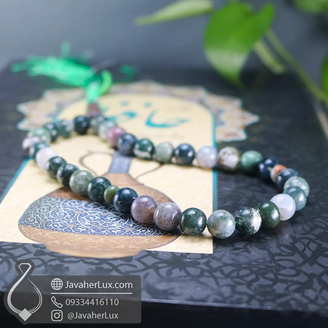 تسبیح سنگ عقیق خزه ای 33 دانه _ کد : 500059 — تصویر ۵