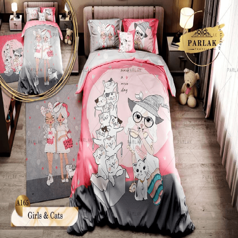 سرویس روتختی پارلاک یکنفره دو رو مدل girls & cats کد A-165 — تصویر ۲