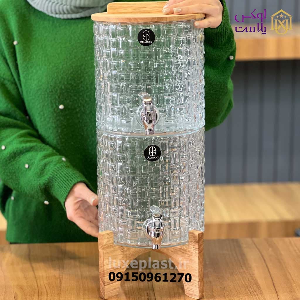 کلمن شیشه ای 2 طبقه حصیری با پایه چوبی 9765 — تصویر ۳