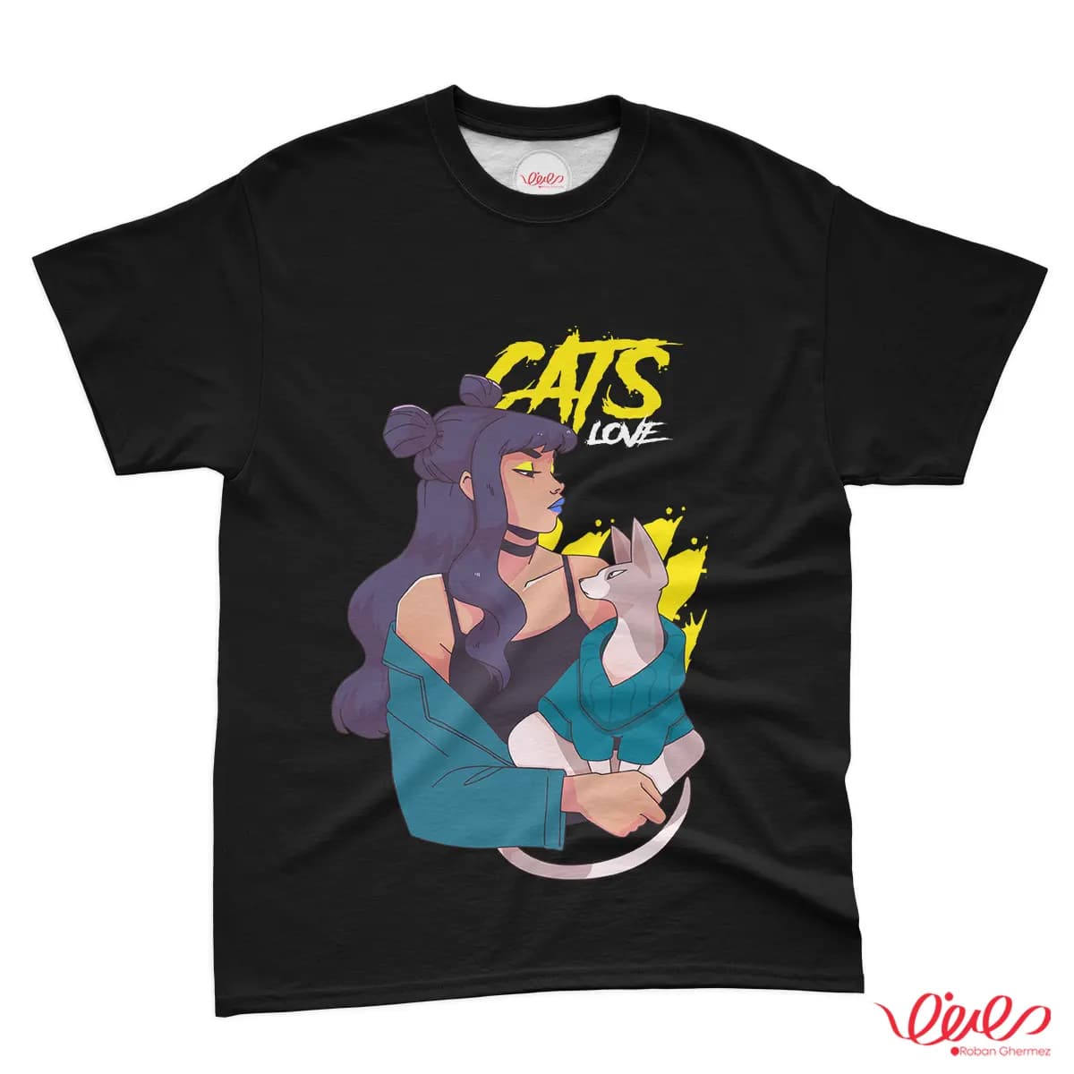 تیشرت کد 019 CAT LOVE با رنگ نوشته زرد
