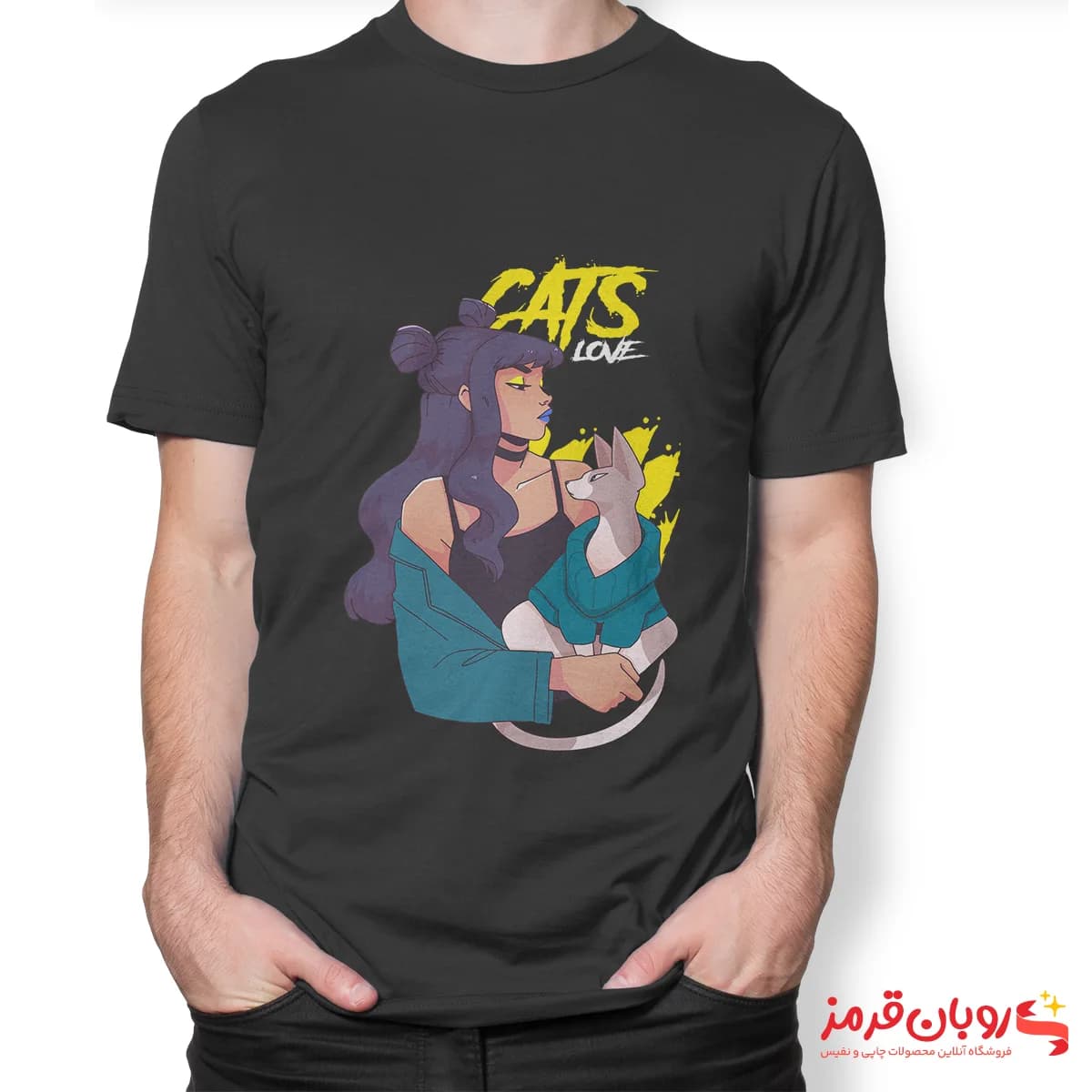 تیشرت کد 019 CAT LOVE با رنگ نوشته زرد — تصویر ۲