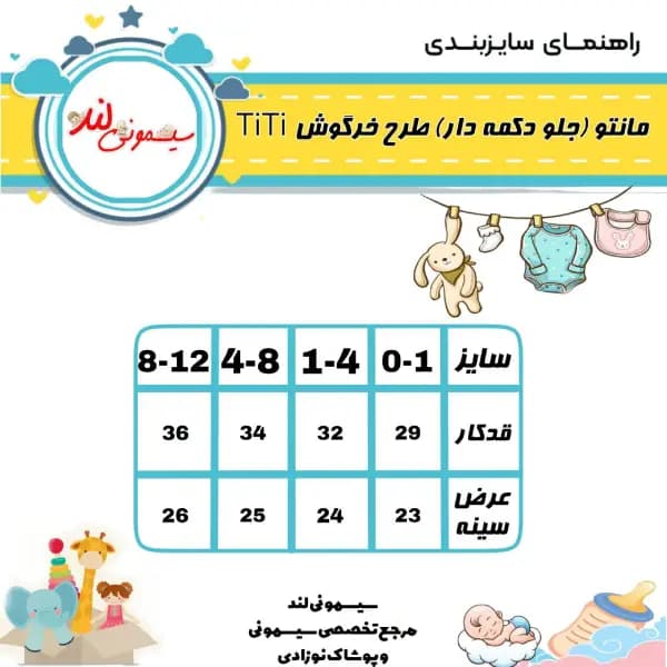 جلو دکمه دار نوزادی طرح خرگوش TiTi(مانتو نوزادی)دارای سایز بندی کامل — تصویر ۲