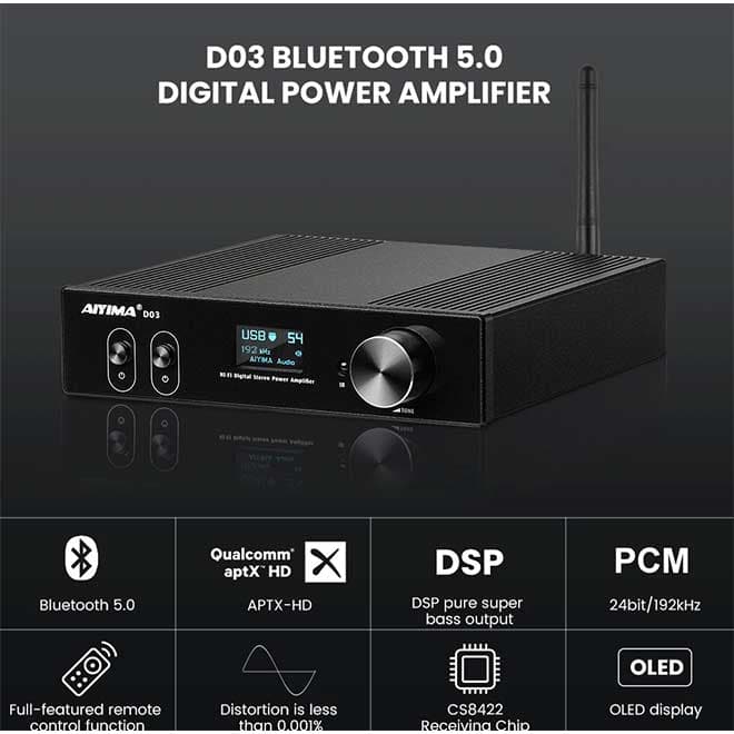 آمپلی فایر بلوتوث همراه دک صوتی و خروجی ساب ووفر AIYIMA D03 Bluetooth 5.0 Power Amplifier 150 Watt x 2 Stereo — تصویر ۴
