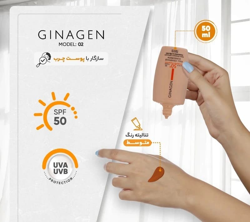 کرم ضدآفتاب ژیناژن SPF50 مدل 02، مناسب پوستهای چرب، حجم 50 میلیلیتر — تصویر ۴