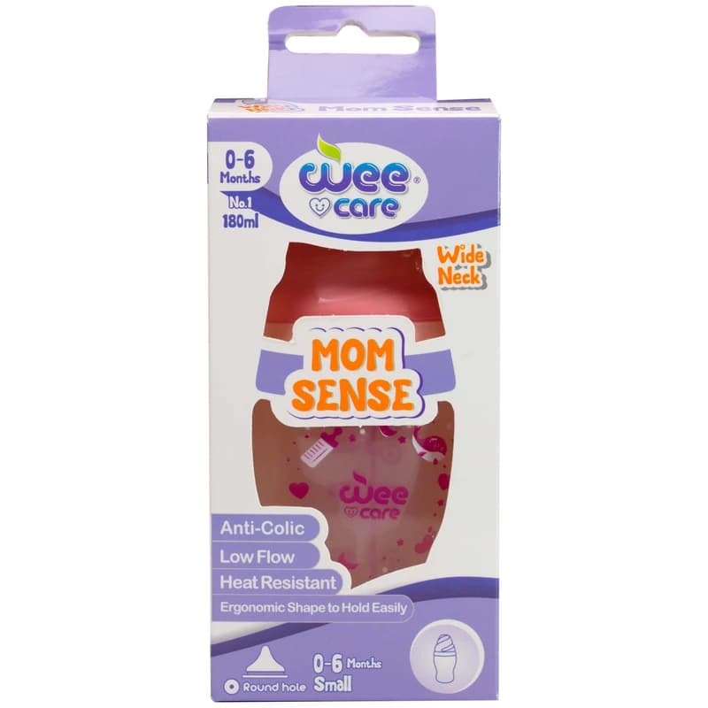 شیشه شیر وی کر مدل پروپیلن دهانه عریض سایز 1 مناسب کودکان تا 6 ماه، مام سنس (Mom Sense) کد B323 حجم 180 میلی لیتر — تصویر ۳