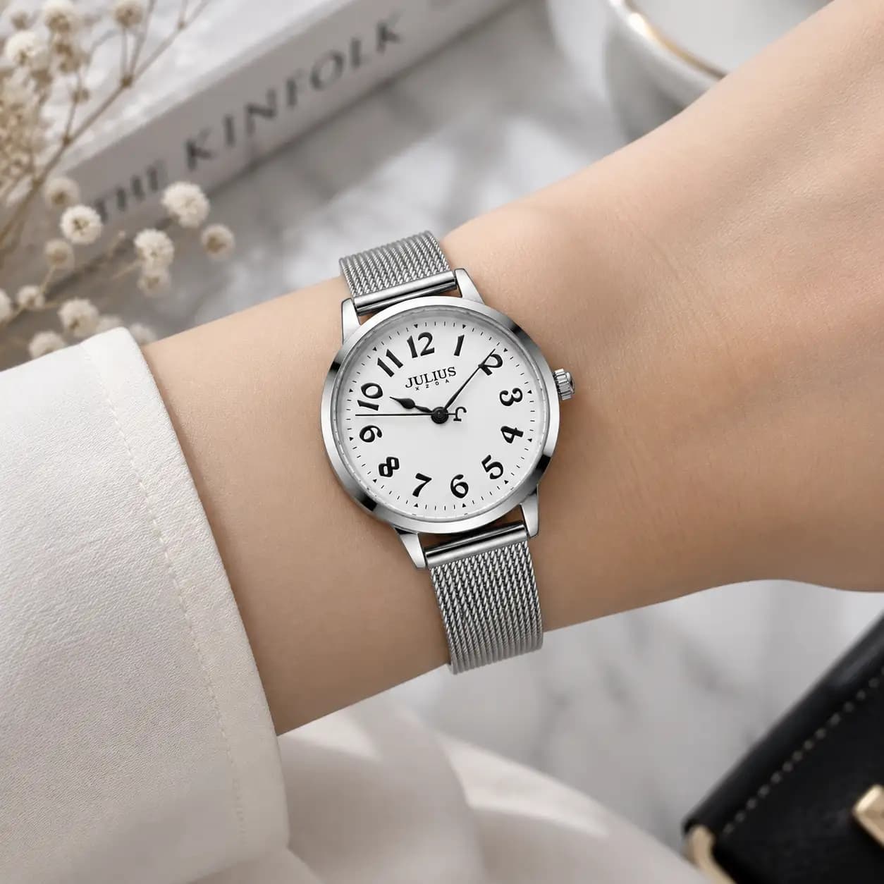 ساعت جولیوس زنانه JA-1242A استیل با بند حصیری موتور تک حالته صفحه سفید — تصویر ۳