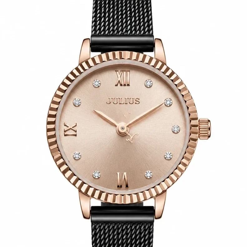 ساعت جولیوس زنانه JA-1078C استیل رزگلد با بند حصیری مشکی موتور تک حالته صفحه کرم — تصویر ۲