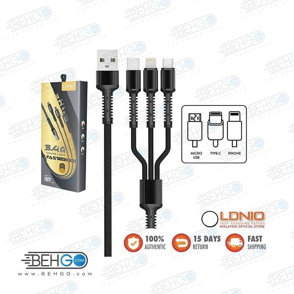 کابل شارژ سه سر الدینیو LDNIO LC-93 3 in 1 Charge Cable توان 3.5 آمپر — تصویر ۴