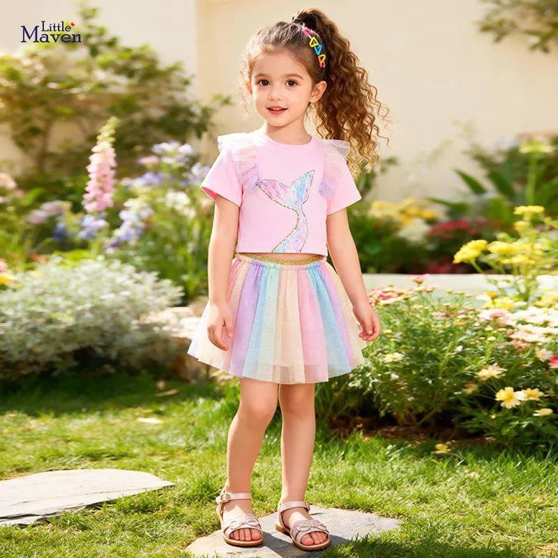 تاپ دامن دخترانه Little Maven طرح پری دریایی با دامن رنگین کمان (مناسب 2 تا 8 سال) — تصویر ۳