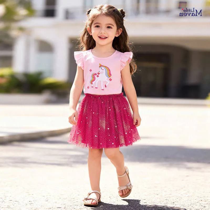 تاپ دامن دخترانه Little Maven طرح یونیکورن با دامن توری سرخابی (مناسب 2 تا 8 سال) — تصویر ۳
