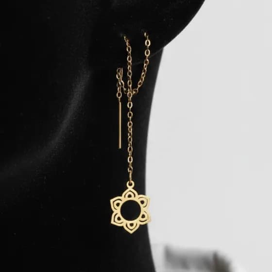 گوشواره بخیه ای زنانه طرح گل شش برگ دولاین رنگ طلایی آبکاری نقره ضد حساسیت رنگ ثابت کد zmp — تصویر ۲