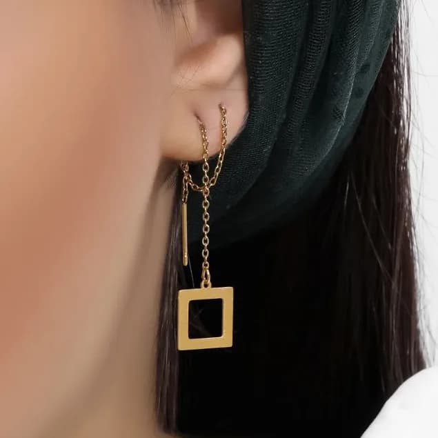 گوشواره بخیه ای زنانه مدل مربع تو خالی رنگ طلایی آبکاری نقره ضد حساسیت رنگ ثابت کد zmp