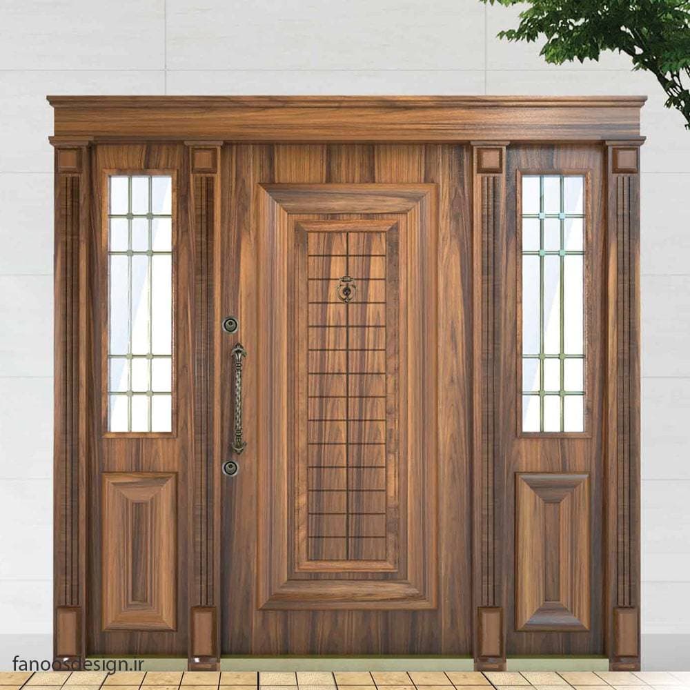 درب چوبی ورودی لابی ساختمان ضد سرقت شیشه خور کلاسیک- کد 6039
