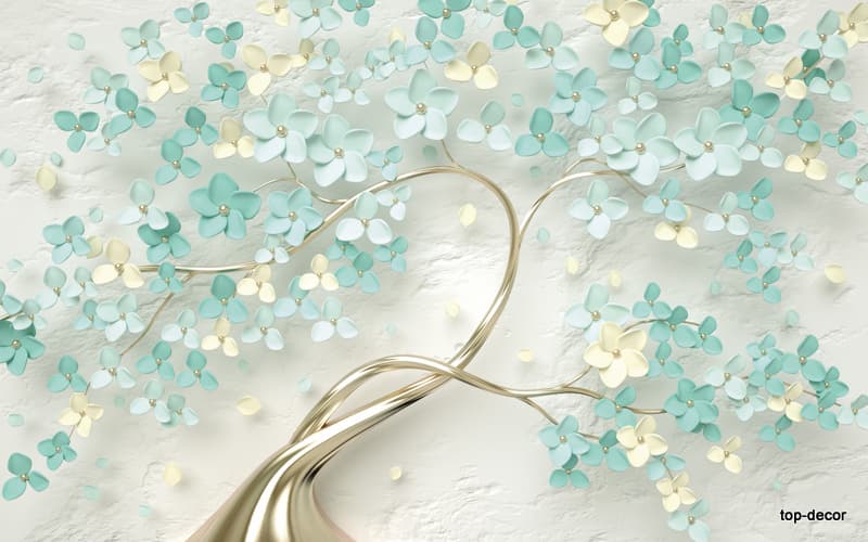 پوستر دیواری سهبعدی طرح درخت شکوفه آبی و طلایی