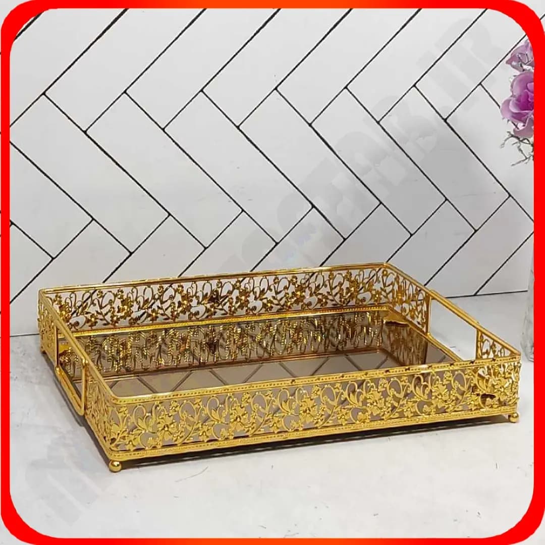 سینی مستطیل پنج پر آینه ای طلایی خاتم