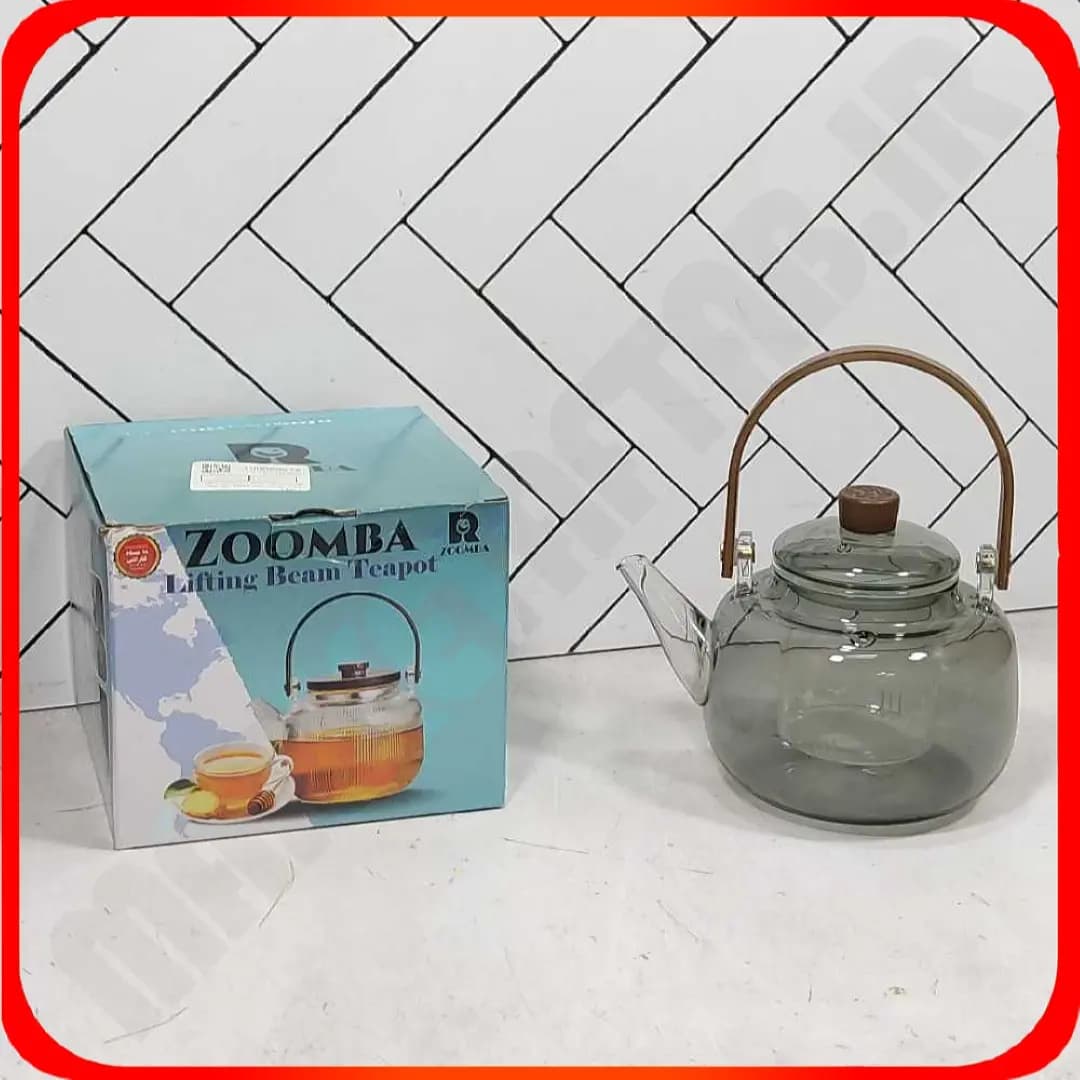 قوری پیرکس صافی دار استوانه ای دودی دسته چوبی حجم 1000 میل زومبا