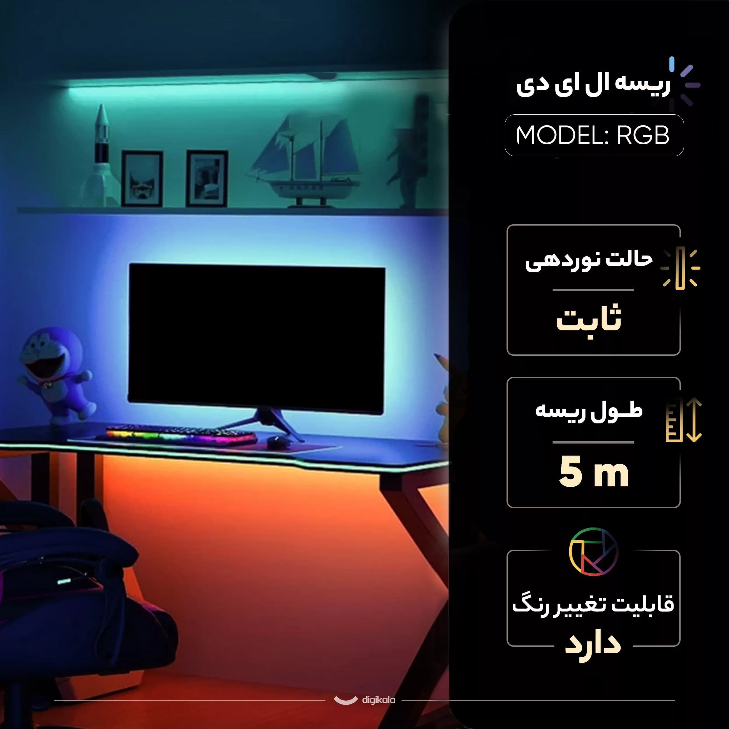ریسه ال ای دی مدل نواری 16 رنگ پشت چسبدار کد RGB 12v طول 5 متر — تصویر ۳