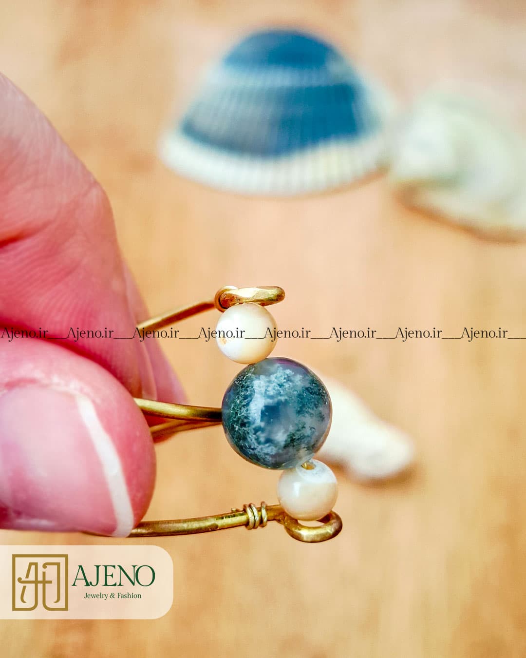 انگشتر سنگ عقیق خزه ای اصل و صدف طرح ثلث 3 (کلکسیونی) — تصویر ۵