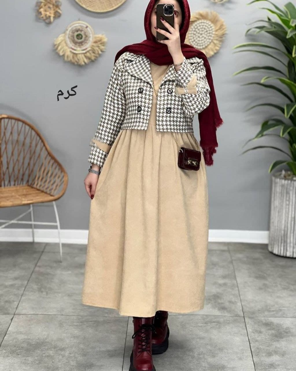 کت سارافون زنانه پیردوپل پشمی و مخمل کبریتی — تصویر ۳
