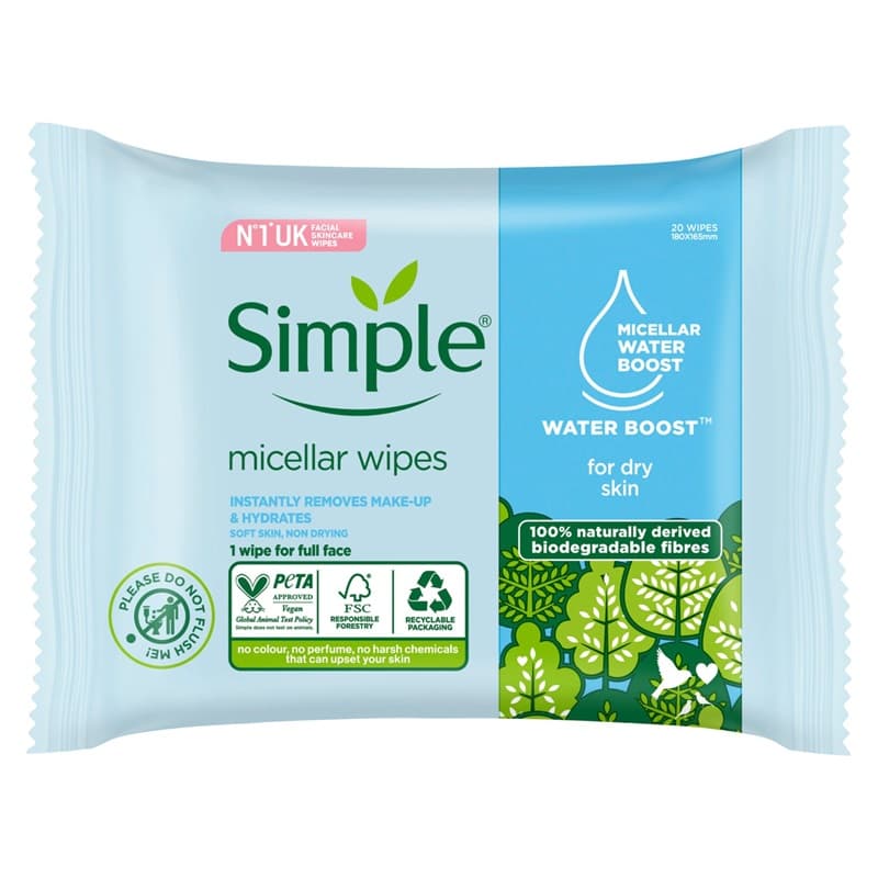 دستمال مرطوب آرایش پاک کن سیمپل مدل Water Boost بسته 20 عددی