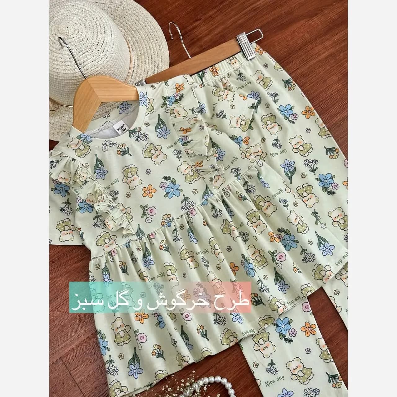 ست بلوز و شلوار راحتی دخترانه مدل خرگوش و گل سبز جنس پنبه لاکرا سایز 40 تا 60 — تصویر ۲