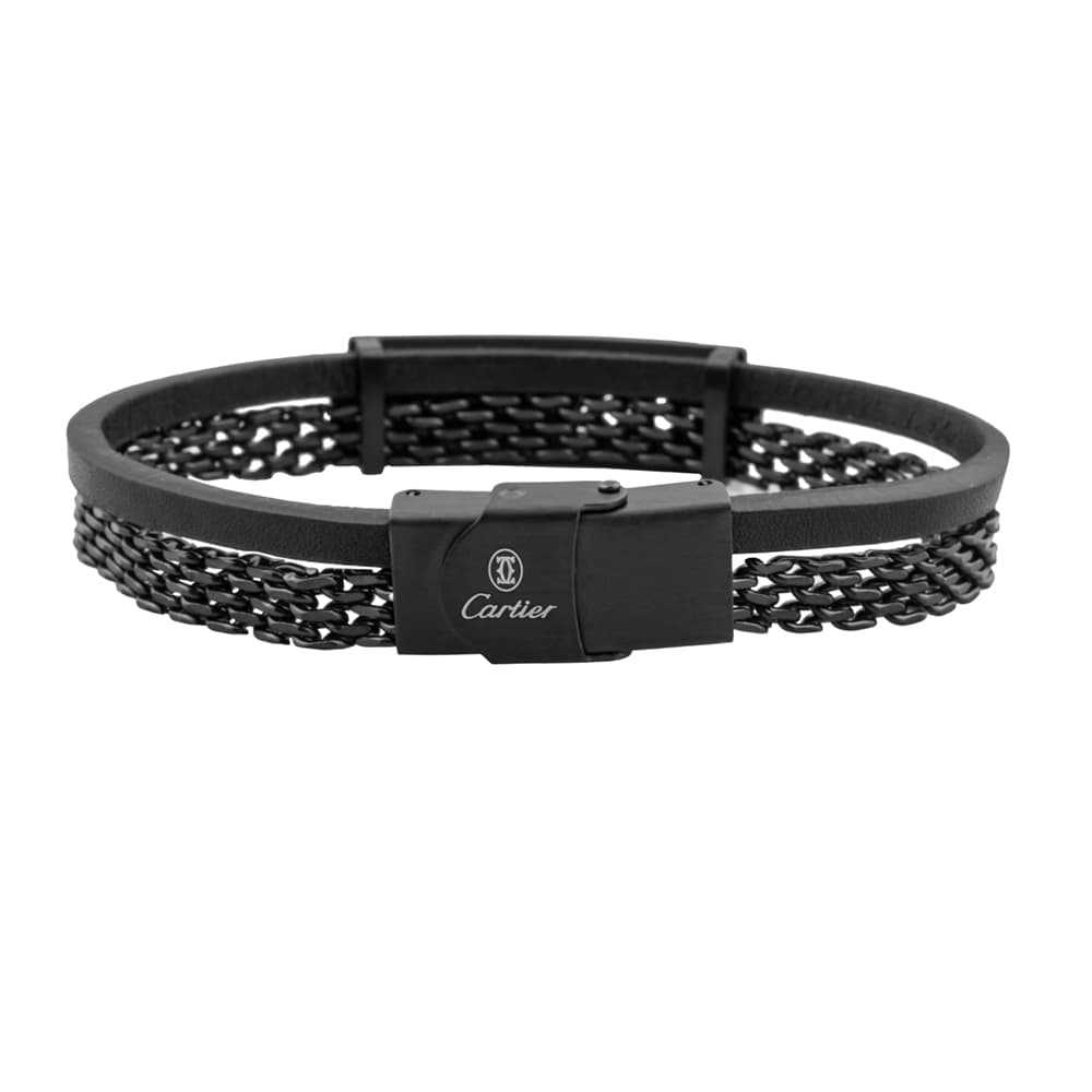 دستبند چرم اسپرت مشکی برند Cartier دوتایی با زنجیر — تصویر ۲