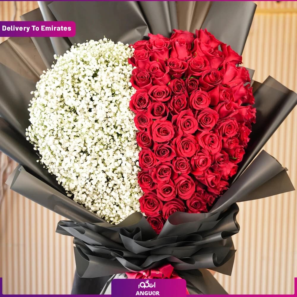 دسته گل قلبی رز و ژیپسوفیلا (دبی و امارات) — تصویر ۲
