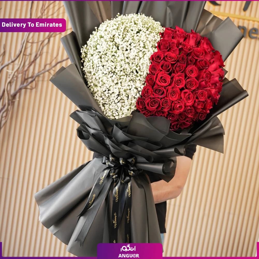دسته گل قلبی رز و ژیپسوفیلا (دبی و امارات) — تصویر ۳