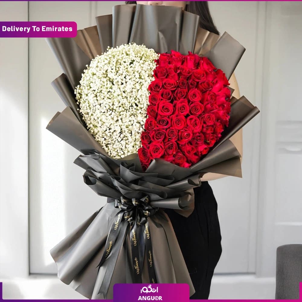 دسته گل قلبی رز و ژیپسوفیلا (دبی و امارات)