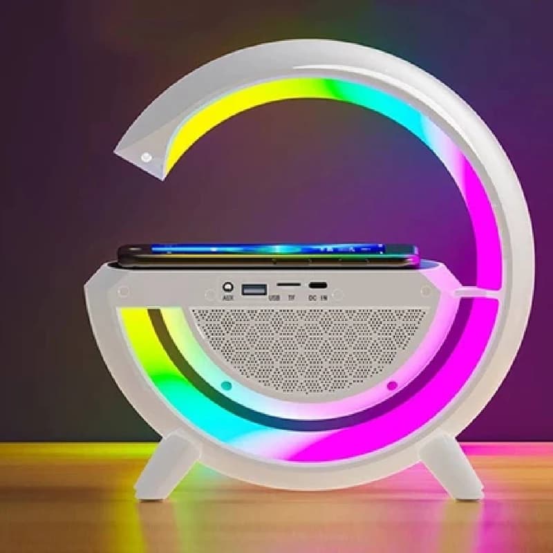 اسپیکر بلوتوثی، شارژر وایرلس و چراغ خواب RGB مدل G — تصویر ۲