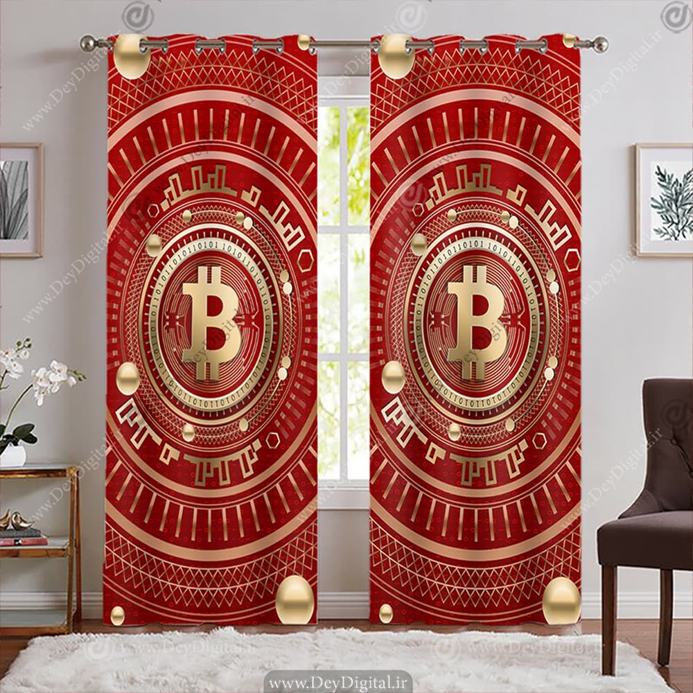 پرده چاپی طرح بیتکوین طلایی با زمینه قرمز BA-8263-s