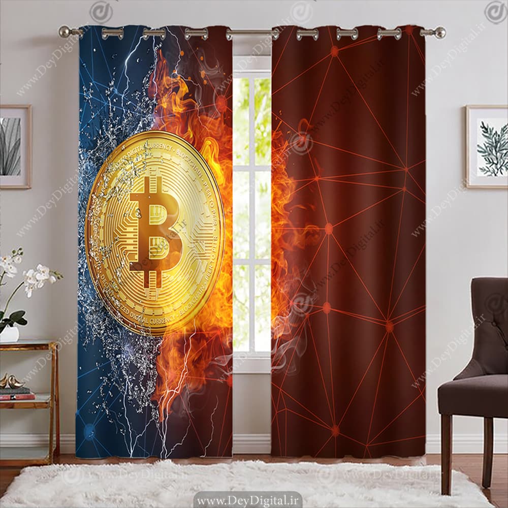 پرده پانچی ارز دیجیتال طرح بیتکوین با زمینه قرمز و آبی BA-4203-s