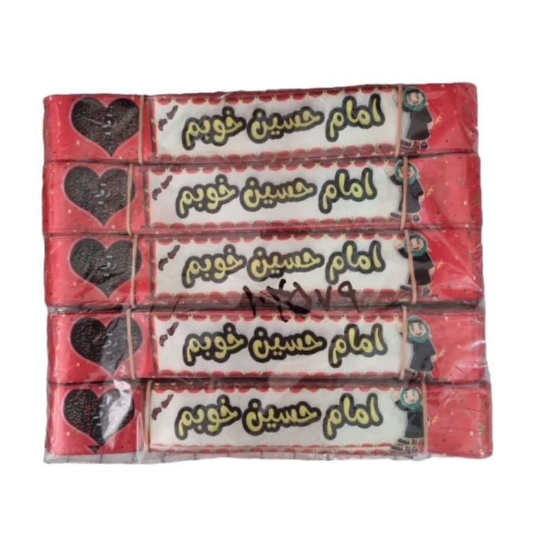 سربند ساتن دیجیتالی قرمز محرم-طرح کودک امام حسین خوبم زرد زمینه سفید-4در75 سانت-بسته 50عددی کد 104579