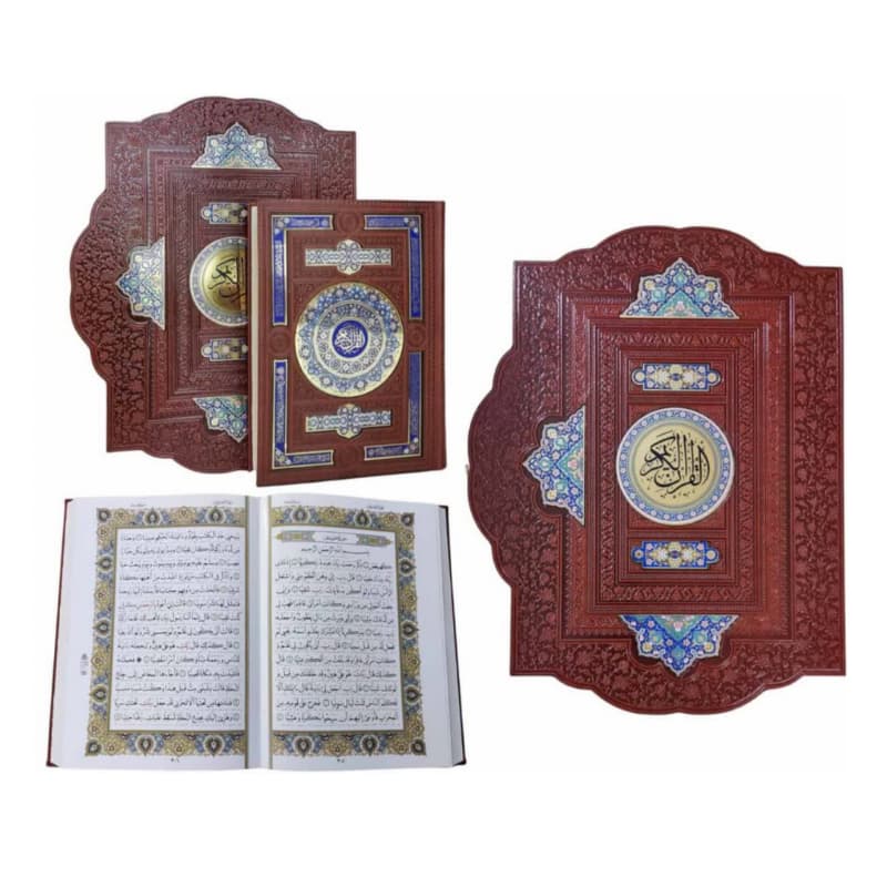 قرآن نفیس وزیری گلاسه چرم جعبه دار طرح صدف با آینه پلاکدار کد 110364
