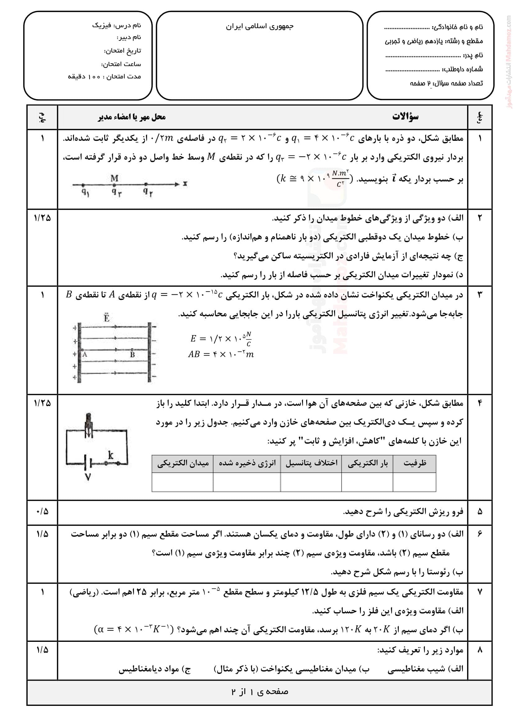 نمونه سوال امتحان فیزیک پایان شهریور ماه علوم تجربی کلاس یازدهم | با جواب