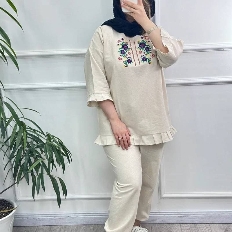 ست زنانه بلوز و شلوار لنین گلدوزی شده فری سایز رنگ کرم کد 407980 A