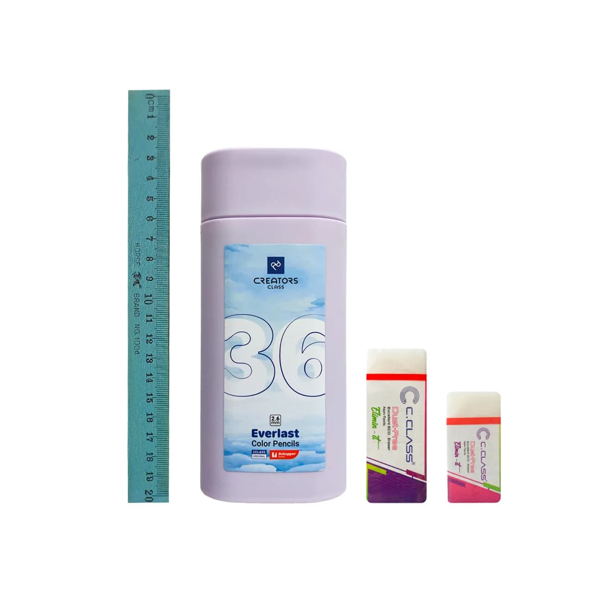 مداد رنگی 36 رنگ سی کلاس کریتورز مدل everlast طرح اتودی به همراه پاک کن و خط کش چوبی بسته 39 عددی