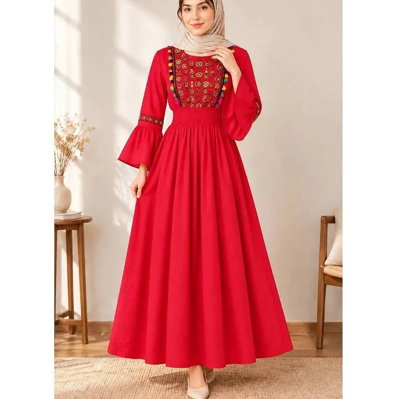 پیراهن ساحلی نخی گلدوزی منگوله دارهندی/کد29913 — تصویر ۵