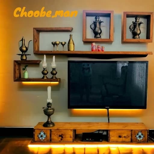 میز تلویزیون با باکس و شلف دیواری ترکیب چوب و سرامیک، دو کشو مبلمان فرنا مدل 1135660