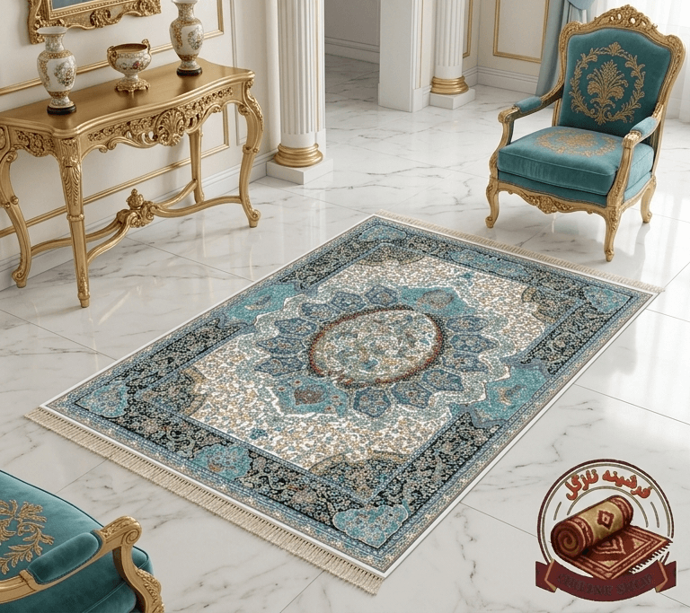 فرشینه مخمل طرح ابریشم مدل ترنج اسلیمی رویه نرم و لطیف کد A104 — تصویر ۲