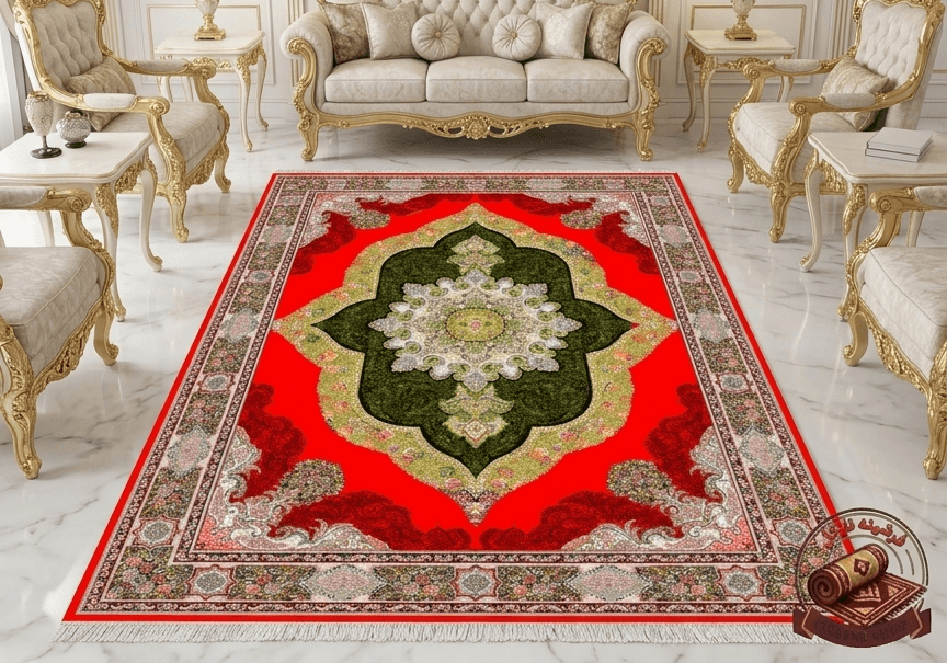 فرشینه مخمل طرح ابریشم با رنگ زمینه قرمز لاکی رویه نرم و لطیف کد A097 — تصویر ۲