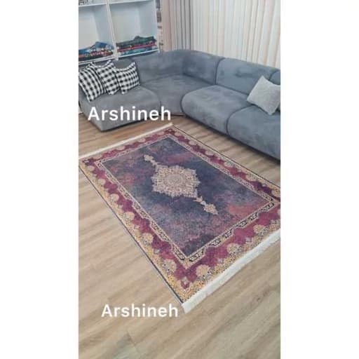 فرشینه مخمل ترک طرح وینتیج سلطنتی ترکیب رنگ بنفش و طوسی کد L449 — تصویر ۵