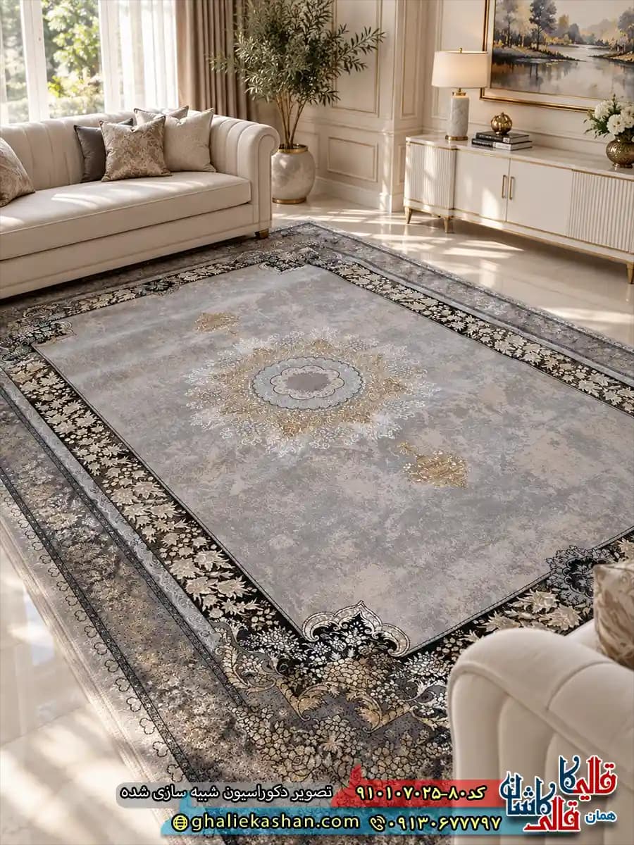 فرش وینتیج 700 شانه طرح خورشید رنگ طوسی نقره ای کاشان