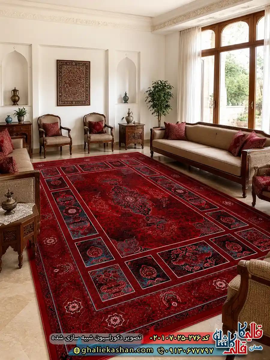 فرش سنتی 700 شانه طرح هیرو رنگ قرمز آبی کاشان