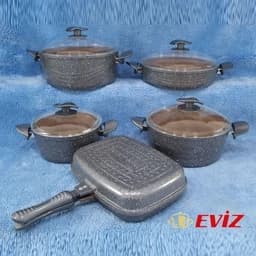 سرویس قابلمه 10 پارچه چدن گرانیت اویز EVIZ مدل سوئینگ طوسی (خاکستری) — تصویر ۲