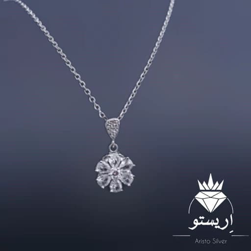گردنبند نقره فلاور ظریف(با زنجیر)تمام نقره با عیار 925 و آبکاری طلاسفید همراه با فاکتور(طول زنجیر45cm)