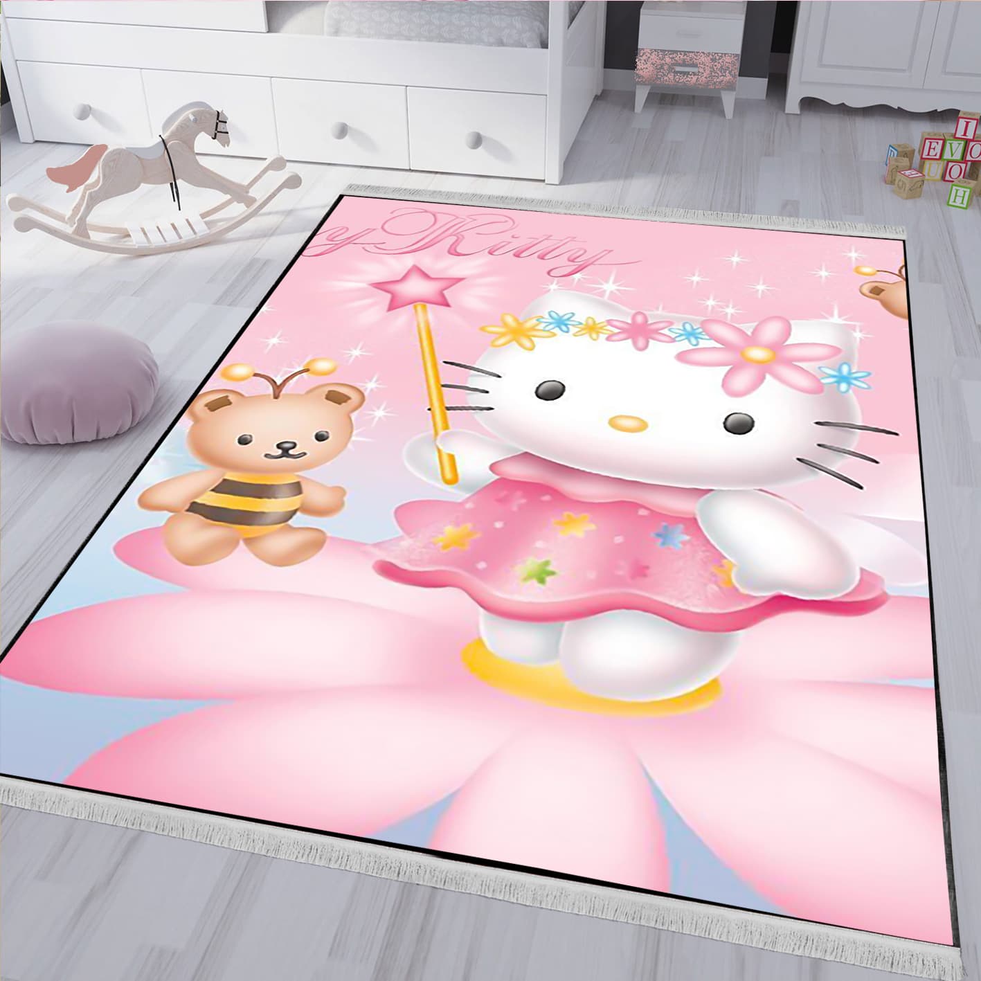 فرش چاپی طرح کیتی و خرسی سه بعدی با زمینه گل صورتی BAs-4902